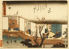 View of an interior of an inn, with tatami-matted rooms and sliding doors. The rooms have doors open. Men and women wearing yukata are resting in one of the rooms. The other room seems to be a public bathroom, with one man taking a bath in the deep soaking tubs, and the other sitting on the stool to put on his clothes.