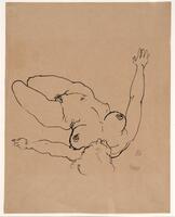 Nude woman on back, her right hand in air, her head at bottom center with her knees pointed left. Her left arm lies on (suggested) floor, pointing left.