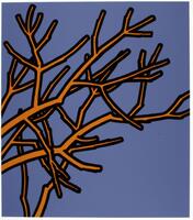 This print shows a cluster of branches coming from the left side of the page, and they are outlined in thick black lines and colored in a deep orange. The background is a solid purple color.