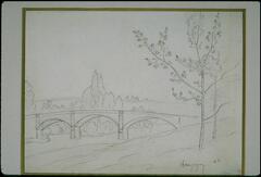 A bridge with three arches extends from the left edge towards the right near the center of the image. There are trees behind it and different types of trees cut the right edge of the bridge off from view. Squiggly lines indicate a hill or water along the bottom half.
