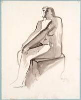 A seated nude female figure in three-quarters view seated on a block.