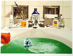 This print is a colorful image of a sink filled with green water. At the center, there is a miniature boat that floats in the water. On the counter-space of the sink at the back, there sits various toiletries such as mouthwash, perfume, toothbrushes, and a razor. Almost out of the frame, a red washcloth hangs off the left edge of the sink. The print is signed (l.r.) "Doug Webb" and numbered (l.l.) "AP 24/75" in pencil.