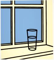 This print shows a clear glass on a windowsill, both outlined in black. The window is colored a muted yellow and solid blue sky depicted through the window. The print is signed and editioned in pencil (l.r.) "Patrick Caulfield AP".