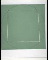 This print depicts a solid grey-green square, the outline of which circumscribes a green circle which in turn circuscribes a white square. The top of the square is slightly shorter than the bottom and there is a small gap between the left vertical side and the left bottom side.