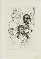 A cascade of faces, some more fully drawn the others, including an older woman, a mustached man, and a young boy and girl. At the top, a person&#39;s chest is drawn, and a hand with a pen extends toward the top of the drawing. Along the right is the side of a ladder.
