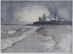 This print depicts a desolate grey and brown seashore with waves hitting the shore from the left side of the sheet. Grey sky with grey and white clouds take up half of the sky. A black and grey castle with towers and spires is in the top right half.