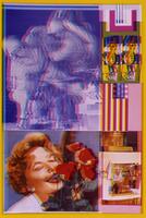 This colorful print has a series of scenes in four quadrants with a yellow-orange frame. All of the images are blurred, likely because the color plates did not line up with the registration for this proof. In the top left, there is a image of soldiers leaning over next to a small statue made from the photograph "Raising the Flag on Iwo Jima." In the lower left, there is an image of a woman, smiling and holding flowers. In the top right, there are three images (top to bottom): circuit board, doubled image of the Mr. Peanut cartoon, and a partial American flag. In the lower right, there are two blurry images: the top image is abstracted and the bottom image shows two scientists working on what appears to be a space craft.