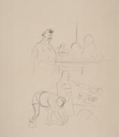 This sheet contains sketches for two different unidentified scenes. The upper scene depicts a square-jawed, mustachioed man standing in front of a railing or counter. Two figures, suggested only by their contours, lean upon the rail or counter from the other side. Between them appears an unidentified object. The lower scene represents two men standing on a platform. The nearer figure, wearing shorts, bends forward to lift something. Another, larger objects sits in front of him. Behind him stands a figure in a long coat. This second figure seems to address the heads of an audience behind and below the platform.