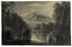A drawing of a landscape showing a view through a mountain pass with another mountain in the background.