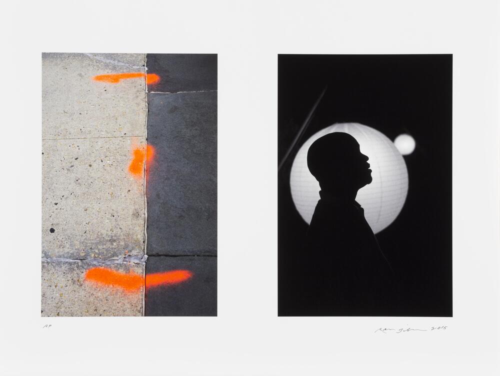 Two images side-by-side. The left features two bright orange, spray-painted lines sandwiching an orange dot. The right image is a black-and-white silhouette in front of a white globe.