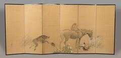 The animals are presented in zodiac sequence, from right to left: mouse, ox, tiger, hare, dragon, serpent, horse, goat, monkey, chicken, dog, and boar. The eight-fold screen allows the animals to seem to walk across the space. Negative space plays a significant role in the screen, creating a place for the animals to exist and at the same time extending into the room.