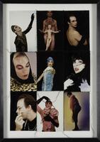 Nine photographs of men in various stages of women&#39;s dress stitched together with black thread and arranged in rows of three.