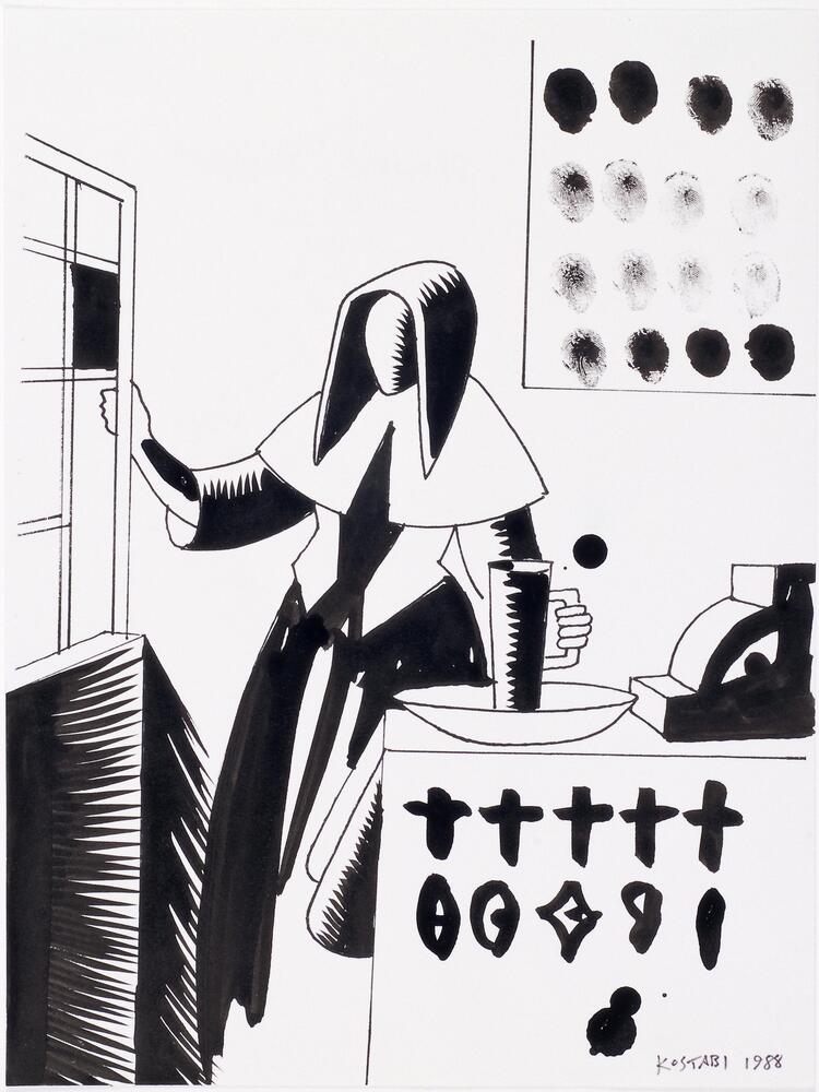 Line drawing in felt tip marker on ivory ~ 10x13&rdquo; paper with shading. Woman&rsquo;s arm and dress and the cash register are partially filled in with black, as well as a pane of the stained glass window that she holds. The wall, pitcher, parts of the woman&rsquo;s head and shoulder covering and bodice, and cash register have been modeled in stylized &ldquo;half tone&rdquo; of zigzag separating white and black; shadows take the form of dense curlicues. The tablecloth bears a &ldquo;pattern&rdquo; of crosses and eye-shaped forms. The map has been filled in with fingerprints.