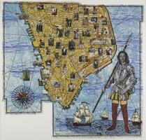 An image of a drawn map of New York City featuring a compass, three ships, and a person in armor with a photographed face collaged on top of it. Photographs depicting New York City landscapes are collaged across the map.