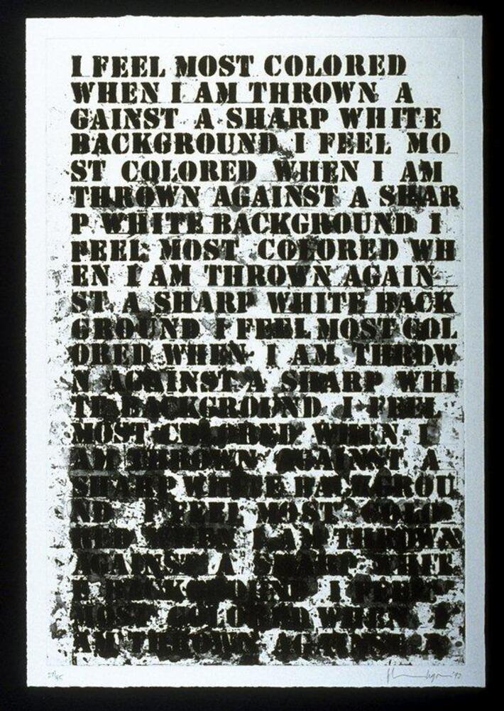 This print has rows of stencilled black text in all capital letters on white background. In pencil, the print is signed and dated (l.r.) "Glenn Lignon '92" and numbered (l.l.) "27/45". 