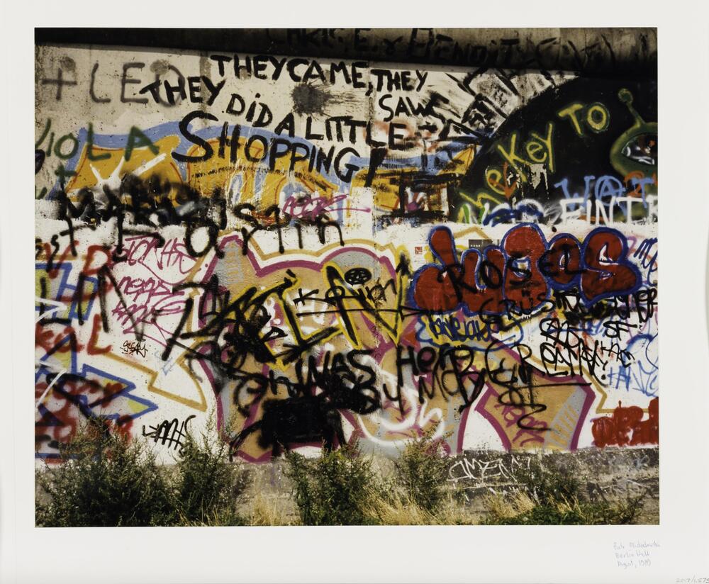 A color image of a wall covered in graffitti. &nbsp;In the foreground are small trees and grass.
