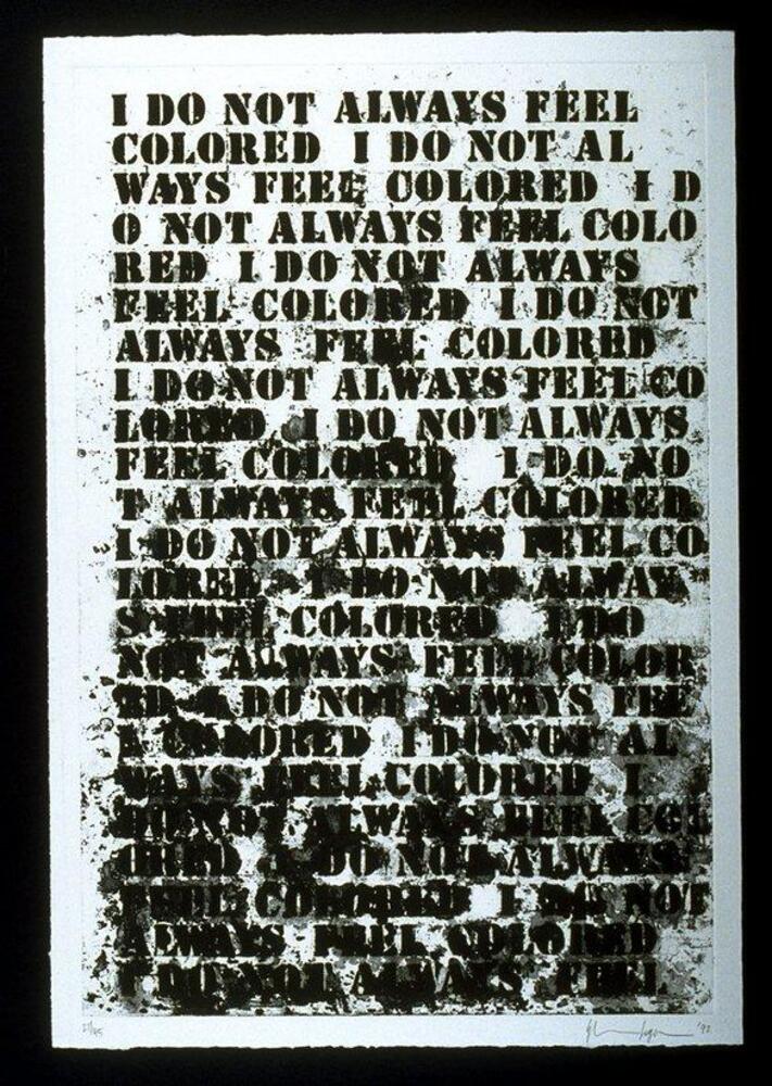 This print has rows of stencilled black text in all capital letters on white background. In pencil, the print is signed and dated (l.r.) "Glenn Lignon '92" and numbered (l.l.) "27/45". 