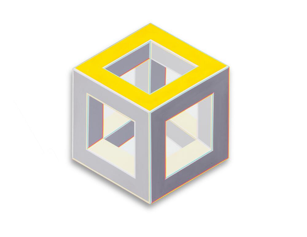 A framework three-dimensional cube sits at an angle so that one of its corners appears to protrude from the center of the piece. The cube is gray, with dark gray shading on the shadowed edges, and dark and light yellow shading on the lit edges. The canvas is cut to the dimensions of the cube.