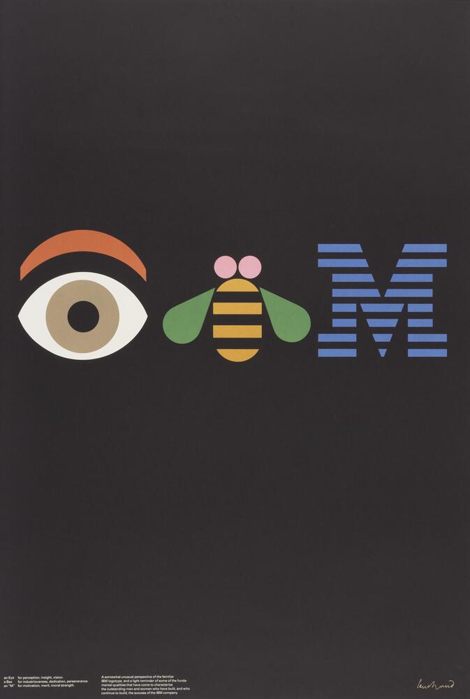 A black poster featuring an image of an eye, a bee, and an 'M' with lines dividing it. The bottom left offers a textual explanation of the symbols.