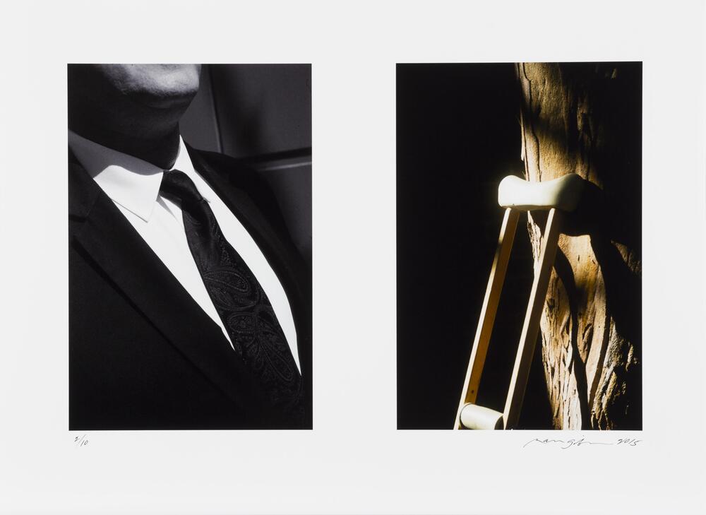 Two images side-by-side. The left is a black-and-white image of the chest and jaw of a man wearing a suit and tie. The right is an image of the top of a wooden crutch leaning against a wooden surface.