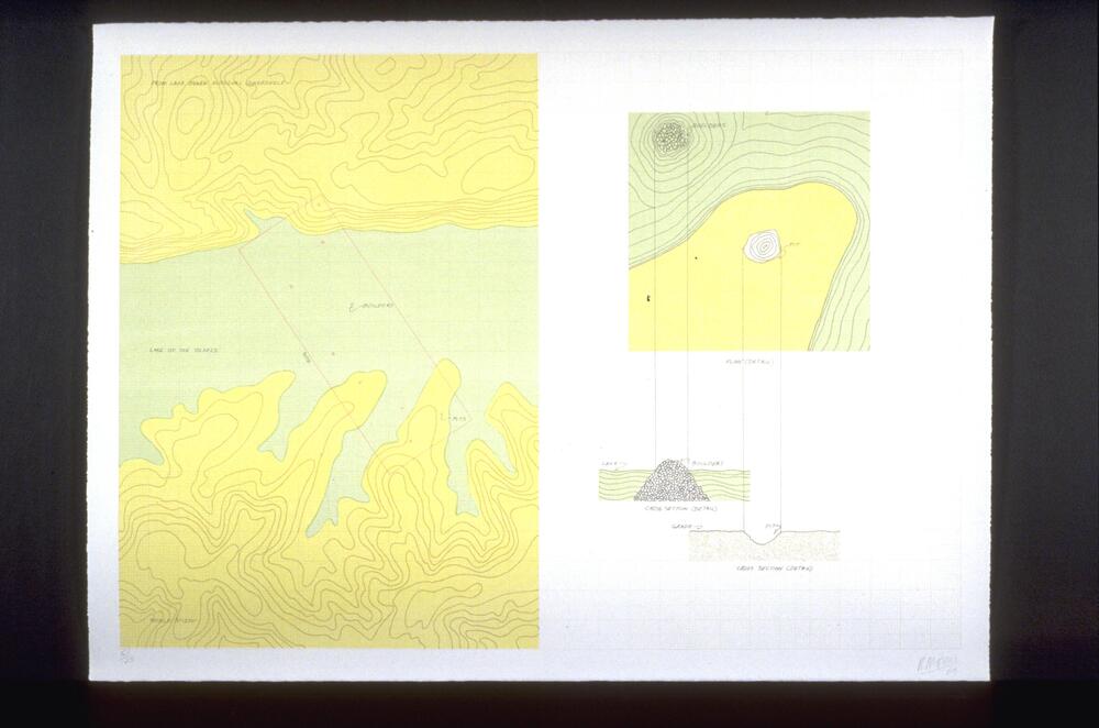 This lithograph on white wove paper is horizontally oriented with a grid of light gray lines on a white background. On the left side is a yellow and green contour map with a red rectangle, at an angle, in the center portion of the map.  On the right side there are diagrams connected by vertical lines. On the bottom there are cross section plans for a pit in the ground and a pile of rocks in water.  Above these is a small contour map. There are word labels throughout this work. <br />