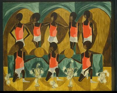 Eight male figures (three kneeling in front and five standing in back) wearing orange tank tops and white shorts face the viewer; two basketballs and five trophies between figures in the foreground. Figures stand in front of a background of fragmented, arched and circular areas of color in blues and golds.